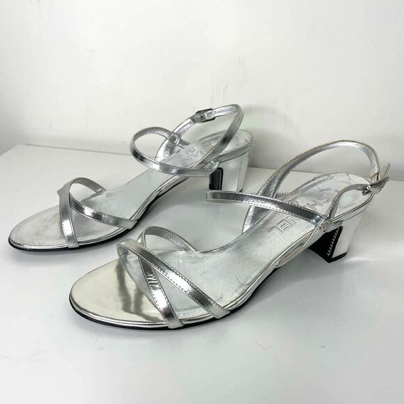 CHANEL Vintage Silver Mule Sandals Heels 37 - Picture 1 of 13